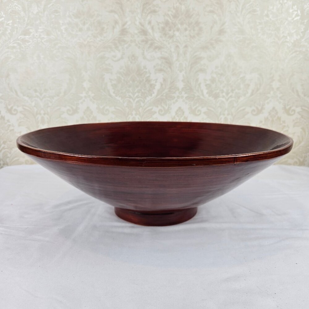 Large Round Red Black Striped Bamboo Bowl Polished Made In Vietnam